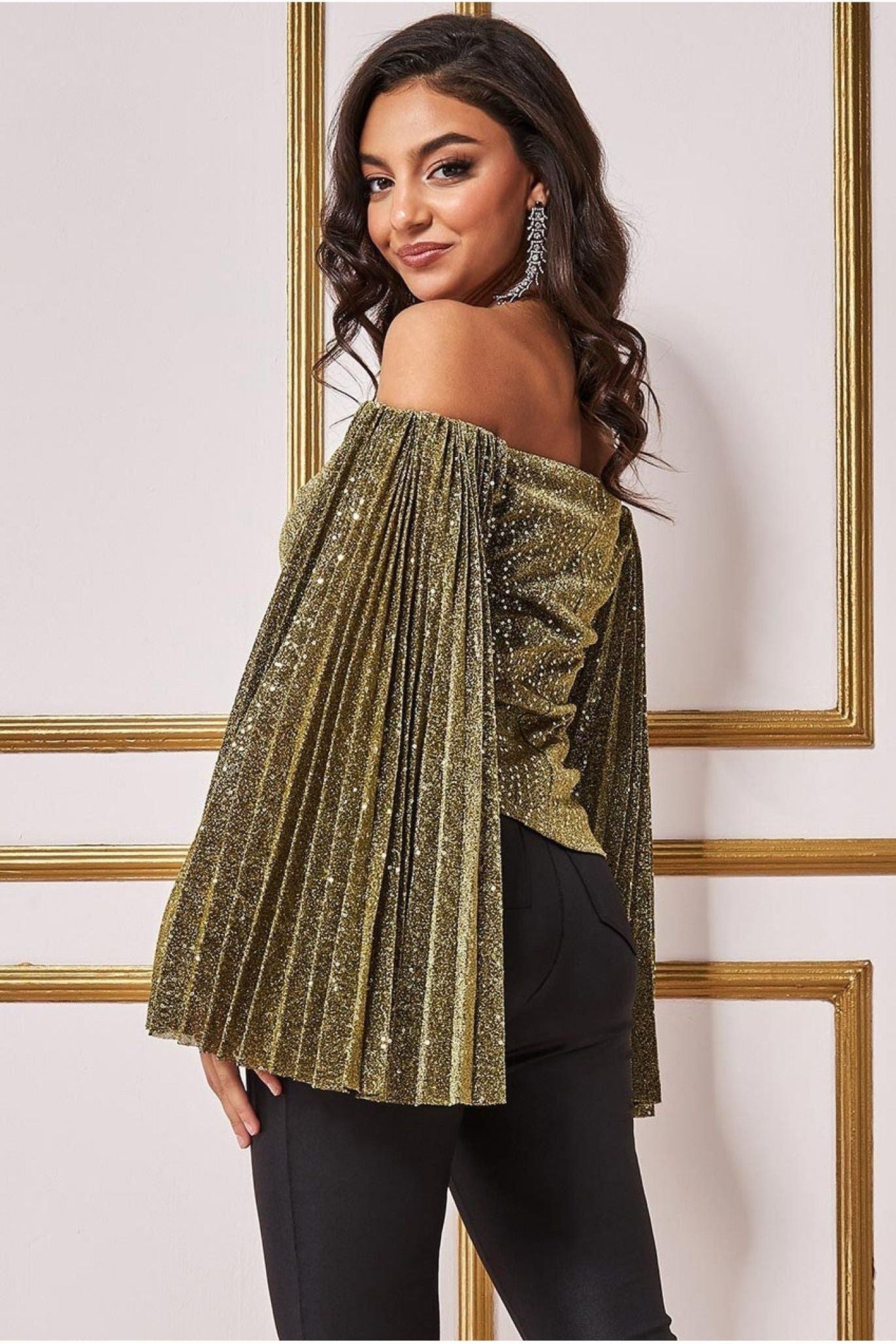 Goddiva Sequin Lurex Bardot Pleated Sleeve Top - Gold