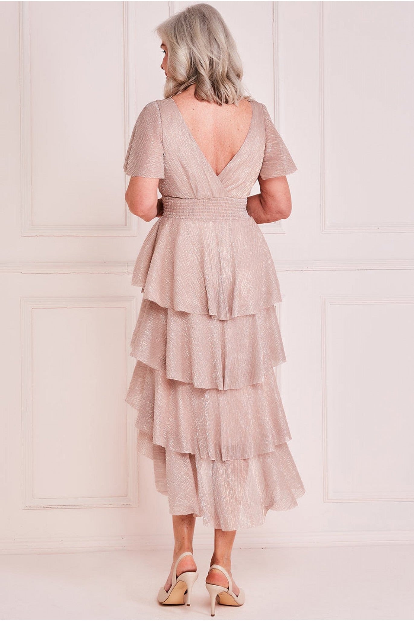 Goddiva Lurex High Low Tiered Midi - Blush