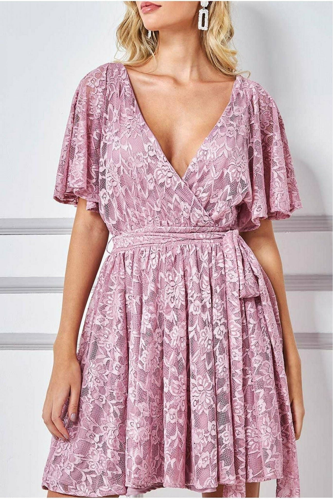 Goddiva Lace Kimono Wrap Skater Mini Dress - Mauve