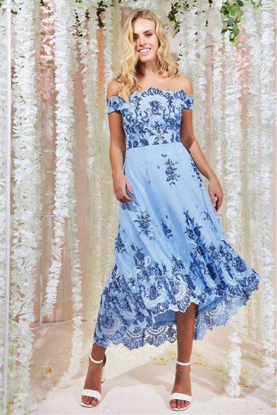 PowderBlue - Goddiva Bardot Sequin & Lace High Low Midi - Powderblue
