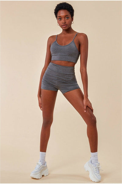 Grey - Cosmochic Cropped Bralette & Cycle Short Set - Gray