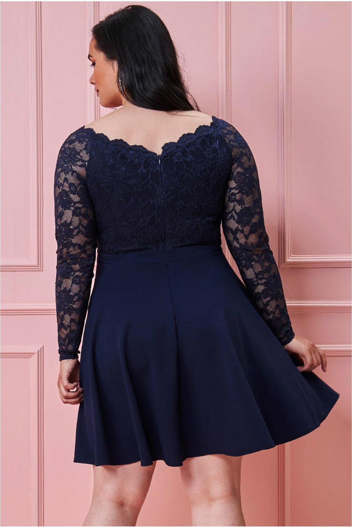 Goddiva Plus Off The Shoulder Lace Skater Dress - Navy