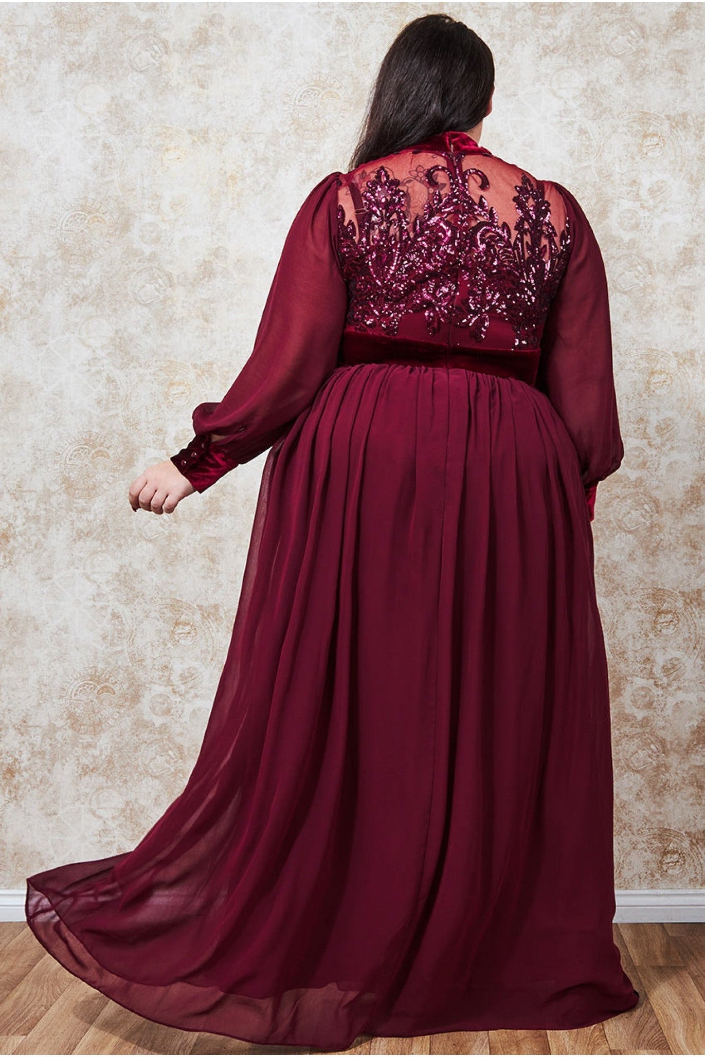 Goddiva Plus Velvet Band Sequin Bodice Maxi - Wine