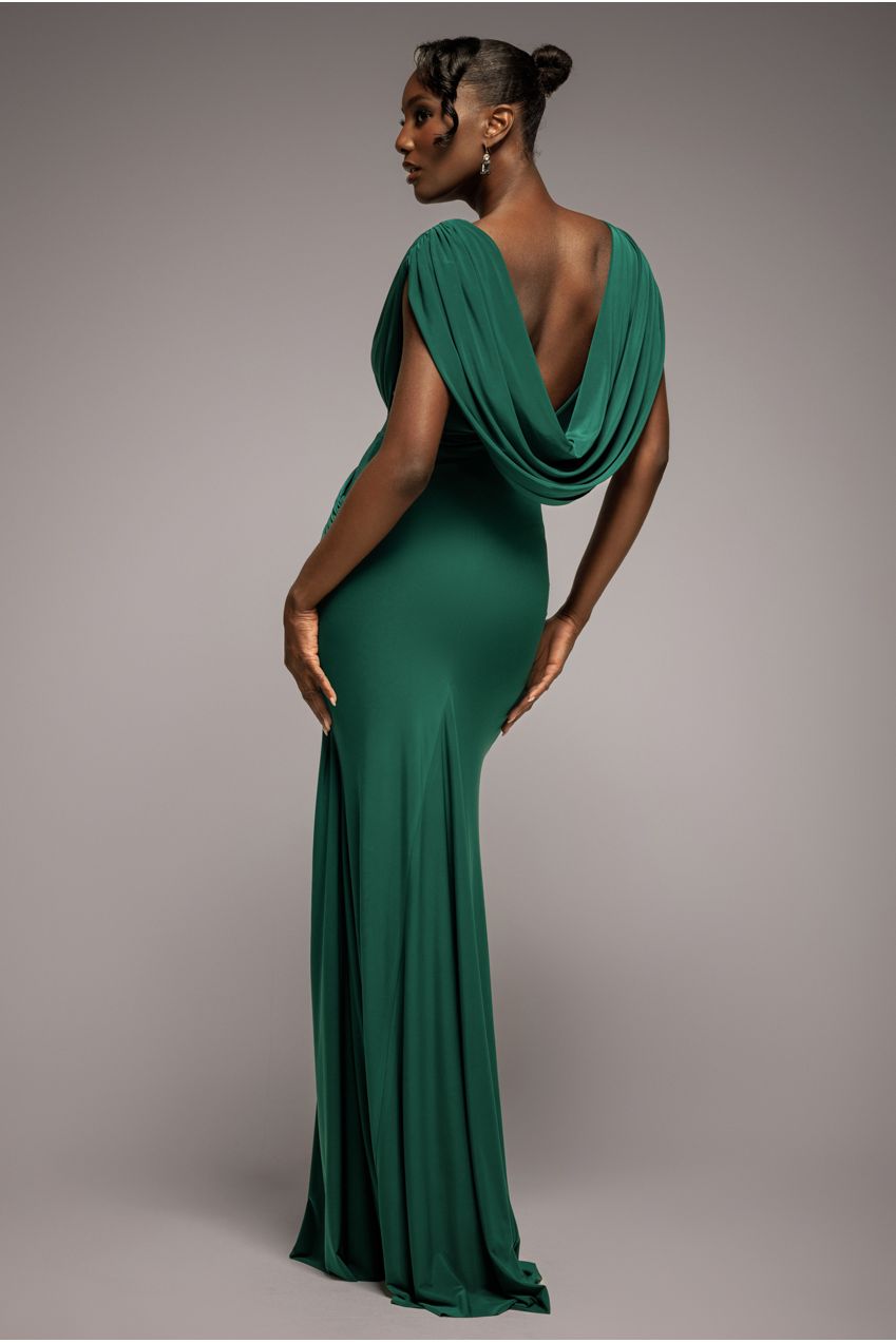 Goddiva Cowl Plunge Draped Mermaid Maxi Dress - Emerald Green