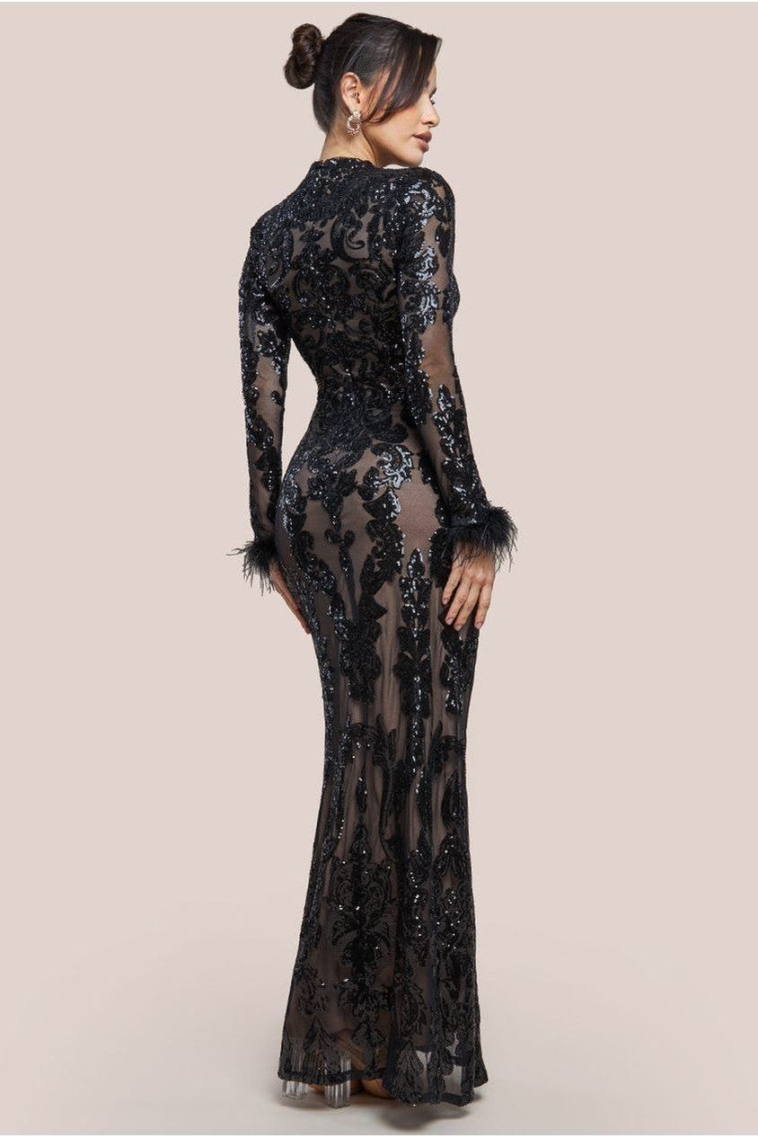 Goddiva Sequin High Neck Feather Cuff Maxi Dress - Black