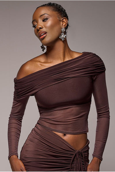 Brown - Goddiva Gathered Bardot Asymmetric Mesh Panel Top - Brown