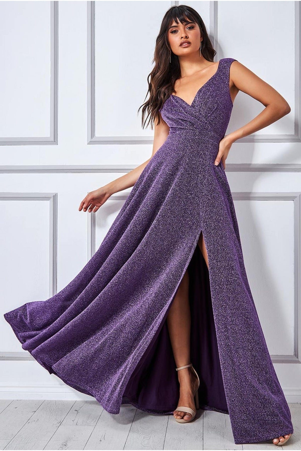 Goddiva Crossover Lurex Glitter Maxi Dress - Purple
