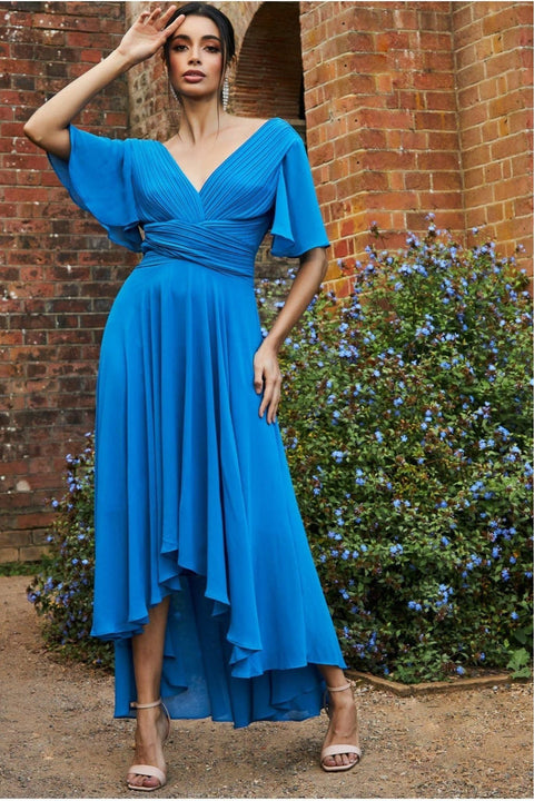 Goddiva Pleated Chiffon High Low Midi Dress - Atlantic Blue