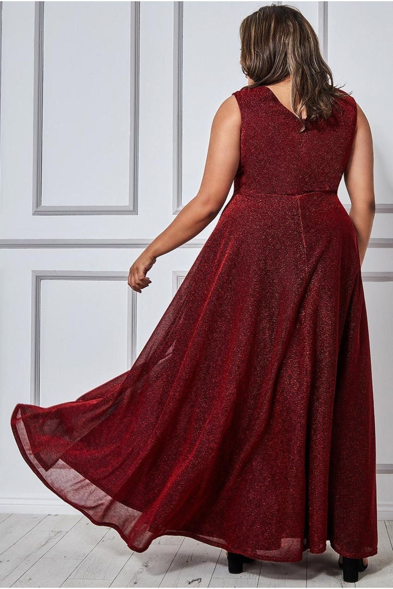 Goddiva Plus Crossover Lurex Glitter Maxi Dress - Wine