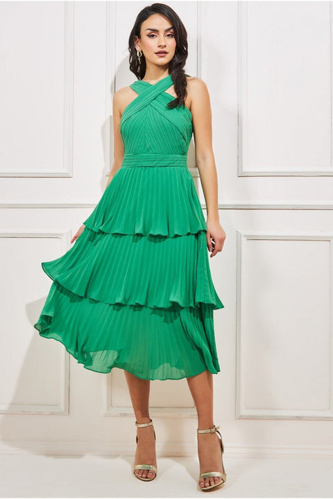 Goddiva Pleated Bodice Chiffon Tiered Midi - Green