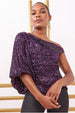 Goddiva Asymmetric Sequin Balloon Sleeve Top - Purple