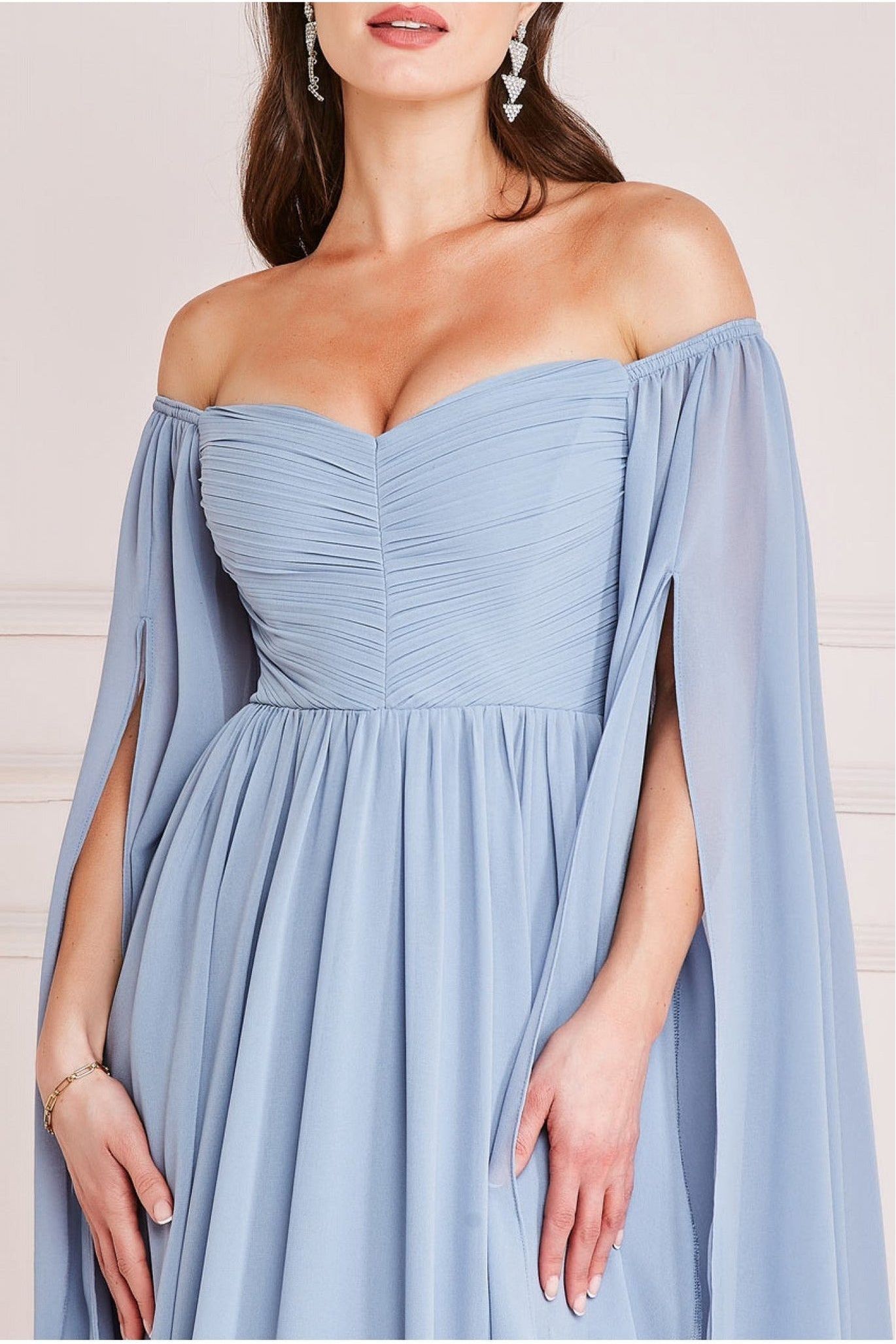 Goddiva Chiffon Off The Shoulder Maxi With Cape Sleeves - Blue