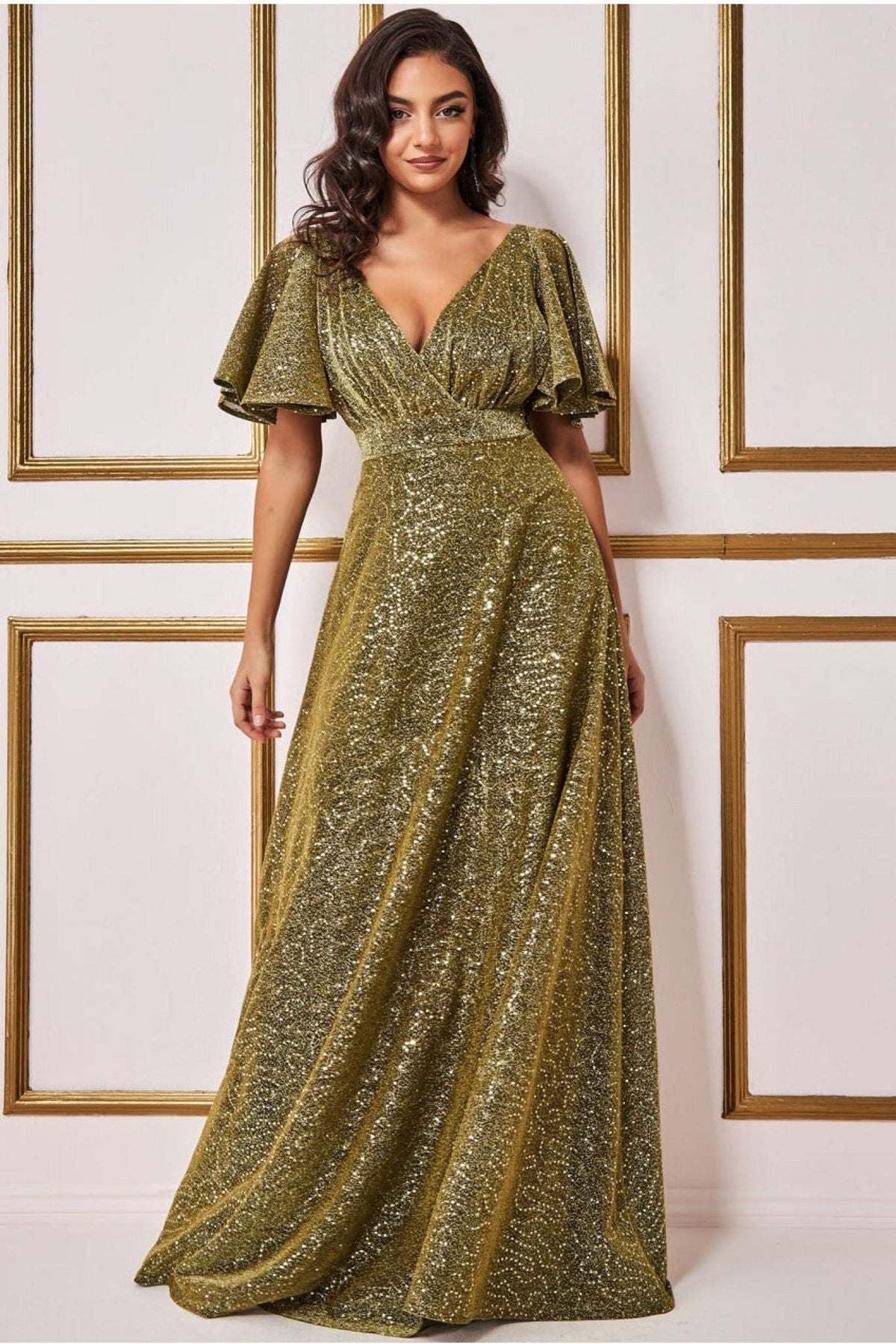 Goddiva Sequin Lurex Flutter Sleeve Maxi Dress - Gold