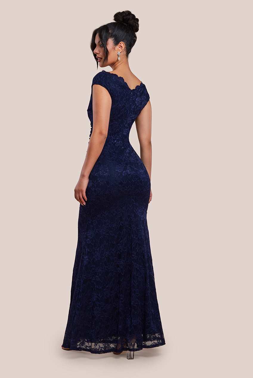 Goddiva Off The Shoulder Scalloped Neck Maxi Dress - Navy