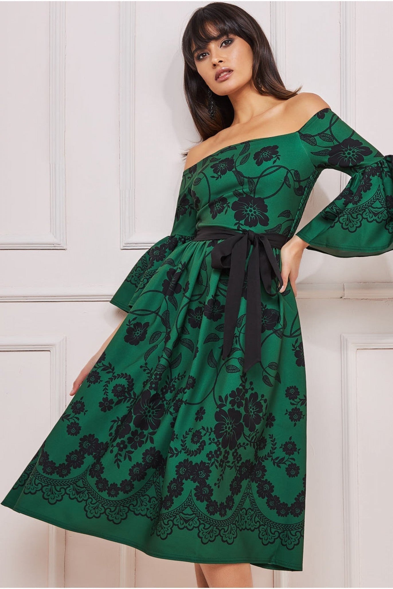 Goddiva Printed Off The Shoulder Midi Dress - Emerald Green