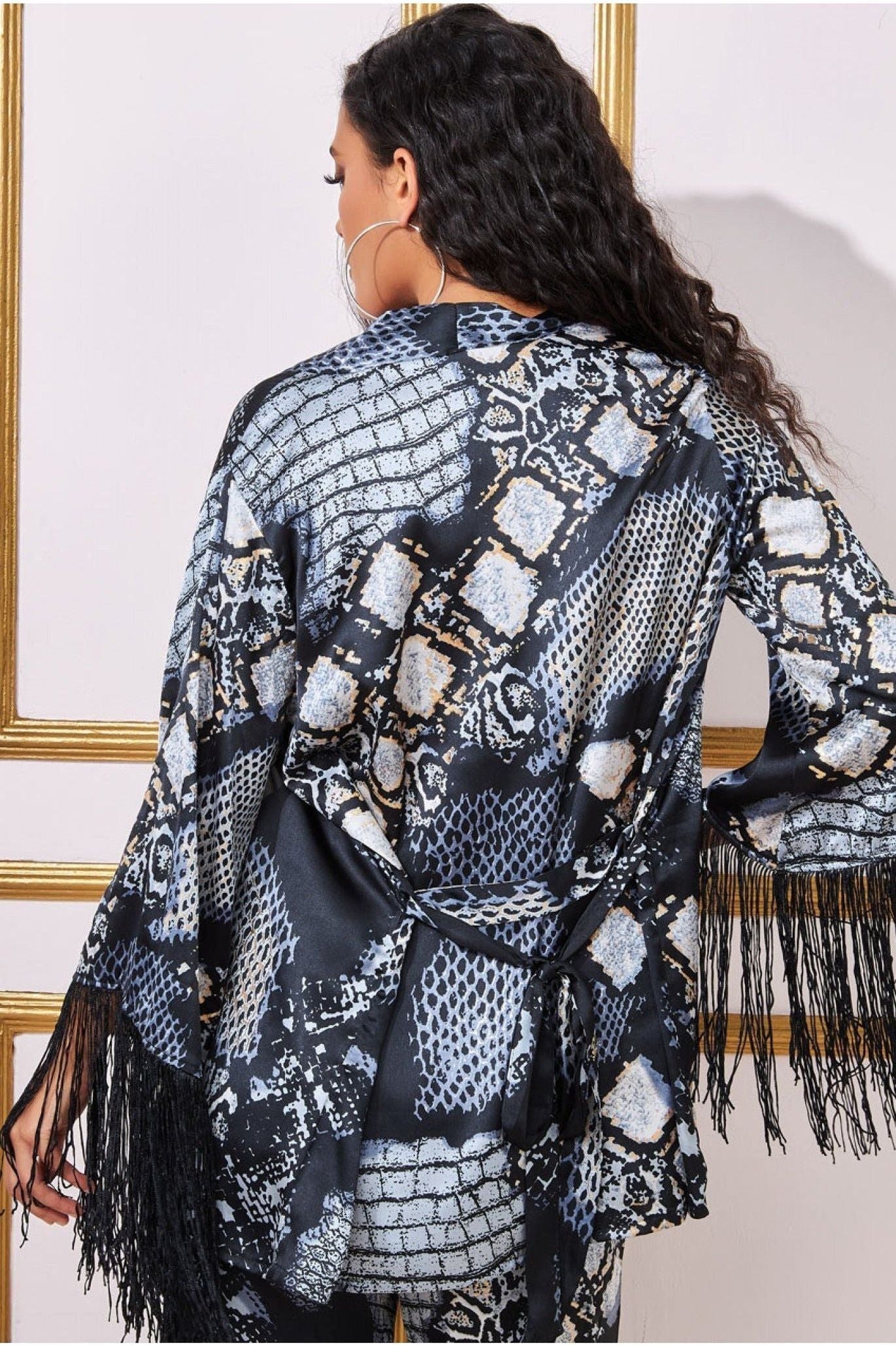 Goddiva Foil Print Kimono With Tassels - Black