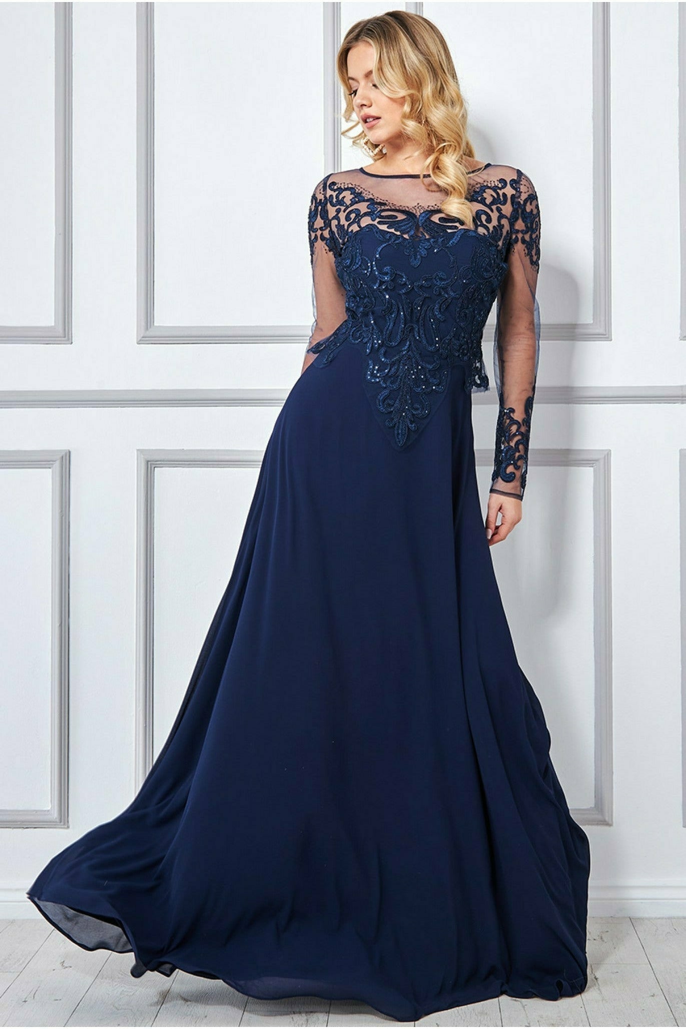 Goddiva Mesh & Lace Embroidered Bodice Maxi - Navy