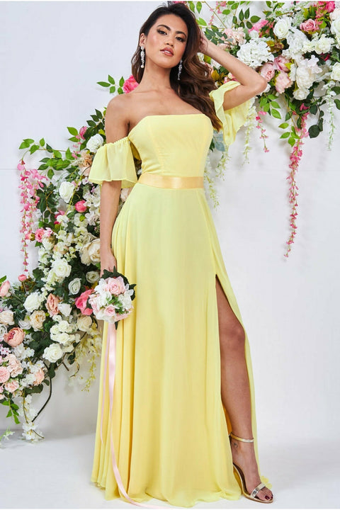 Goddiva Draped Off The Shoulder Maxi With Split - Yellow