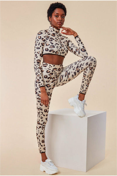 BrownLeopard - Cosmochic Leopard Print Crop Top&legging Lounge Set - Brown