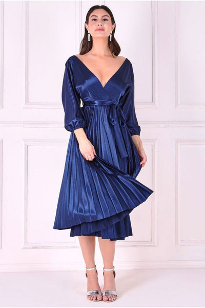 Navy - Goddiva Satin Pleated Skirt Wrap Midi Dress - Navy