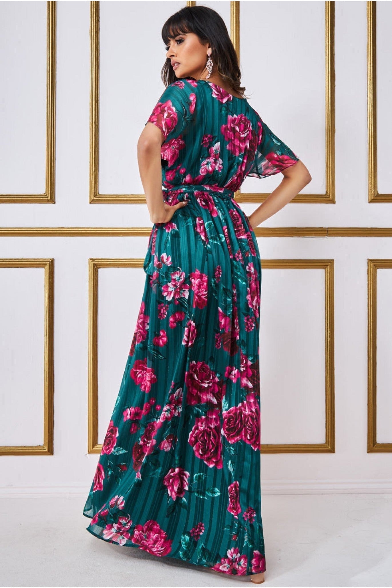 Goddiva Flutter Sleeve Floral Wrap Maxi - Emerald Green