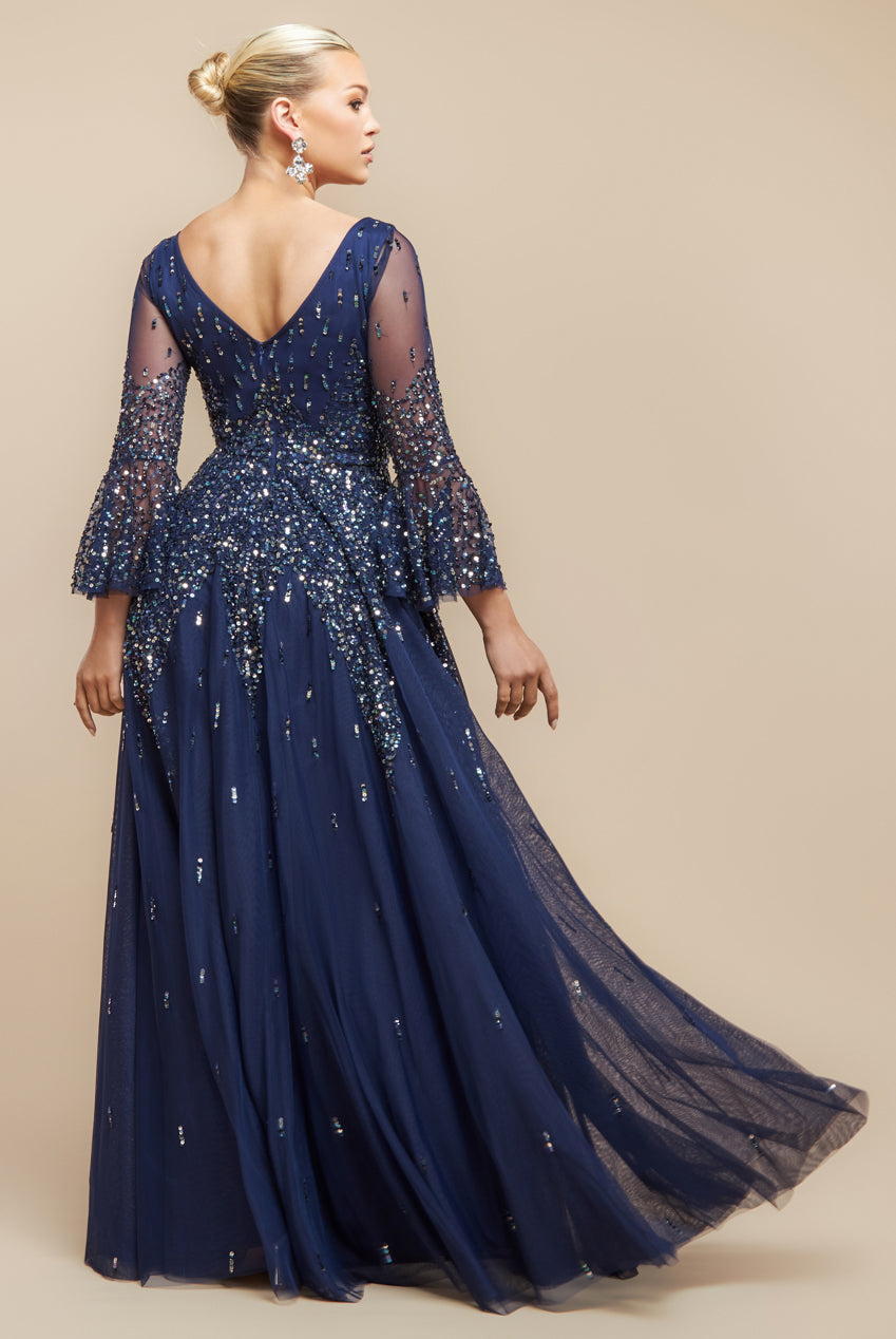 Goddiva Sunray Hand Embellished Sequin A-Line Bell Sleeve Maxi Dress - Navy Blue