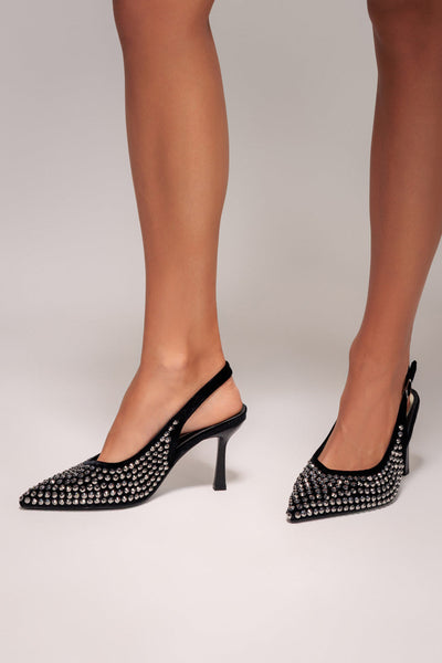 Black - Goddiva Rhinestone Slingback Heeled Court Shoes - Black