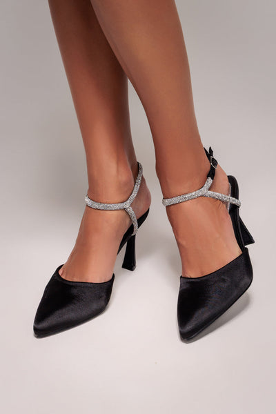 Black - Goddiva Diamante Embellished Satin Slingback Court Heels - Black Satin