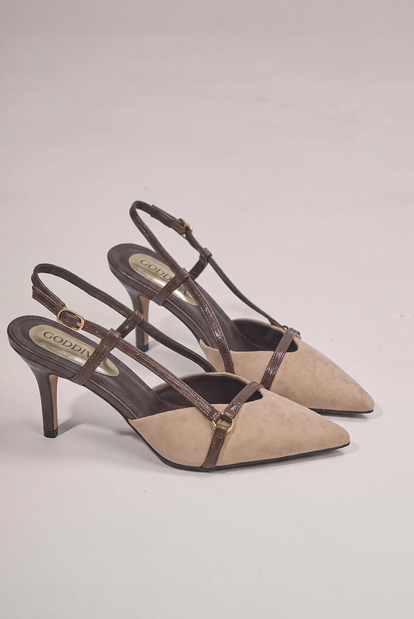 Goddiva Pointed Slingback Heels With Croc-Style Straps - Beige