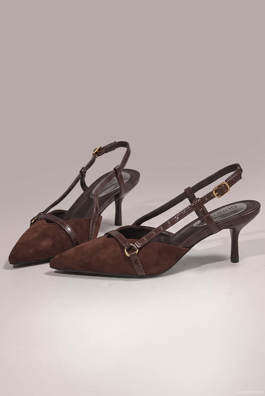 Goddiva Pointed Slingback Heels With Croc-Style Straps - Brown