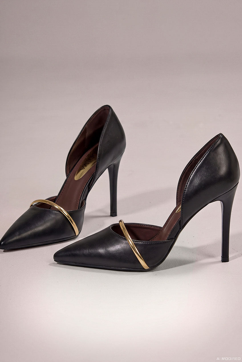 Goddiva Pointed Toe With Gold Strap Stiletto High Heel - Black