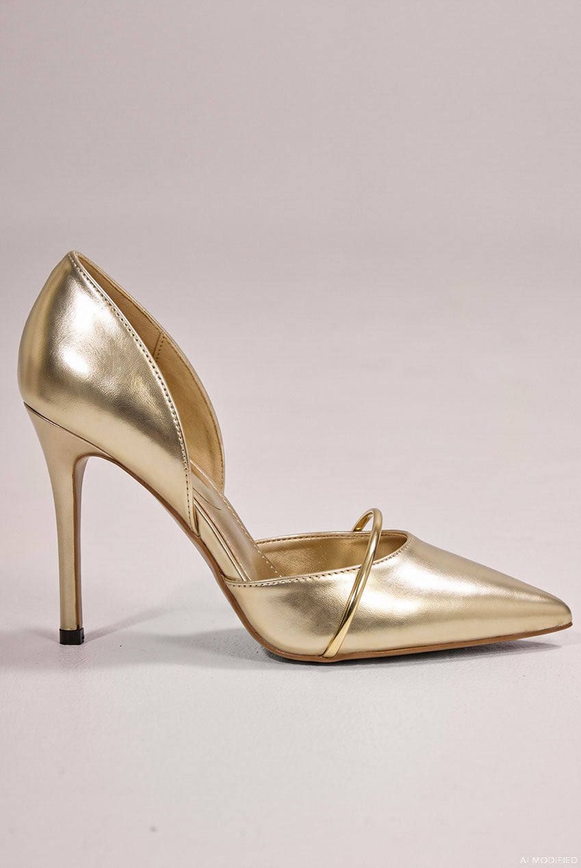 Goddiva Pointed Toe With Gold Strap Stiletto High Heel - Gold