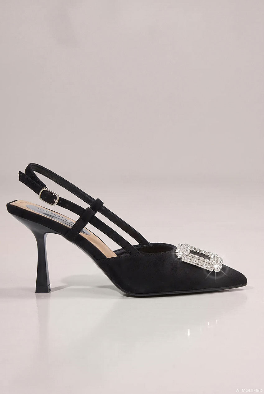 Goddiva Diamante Buckle Embellished Pointed Toe Sling Back High Heel - Black