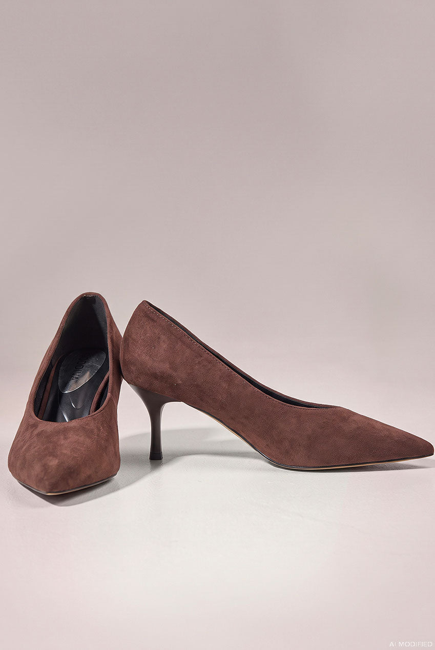 Goddiva Classic Low Cut Stiletto Style Suede Court Heels - Brown