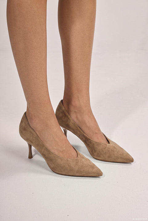 Goddiva Classic Low Cut Stiletto Style Suede Court Heels - Khaki