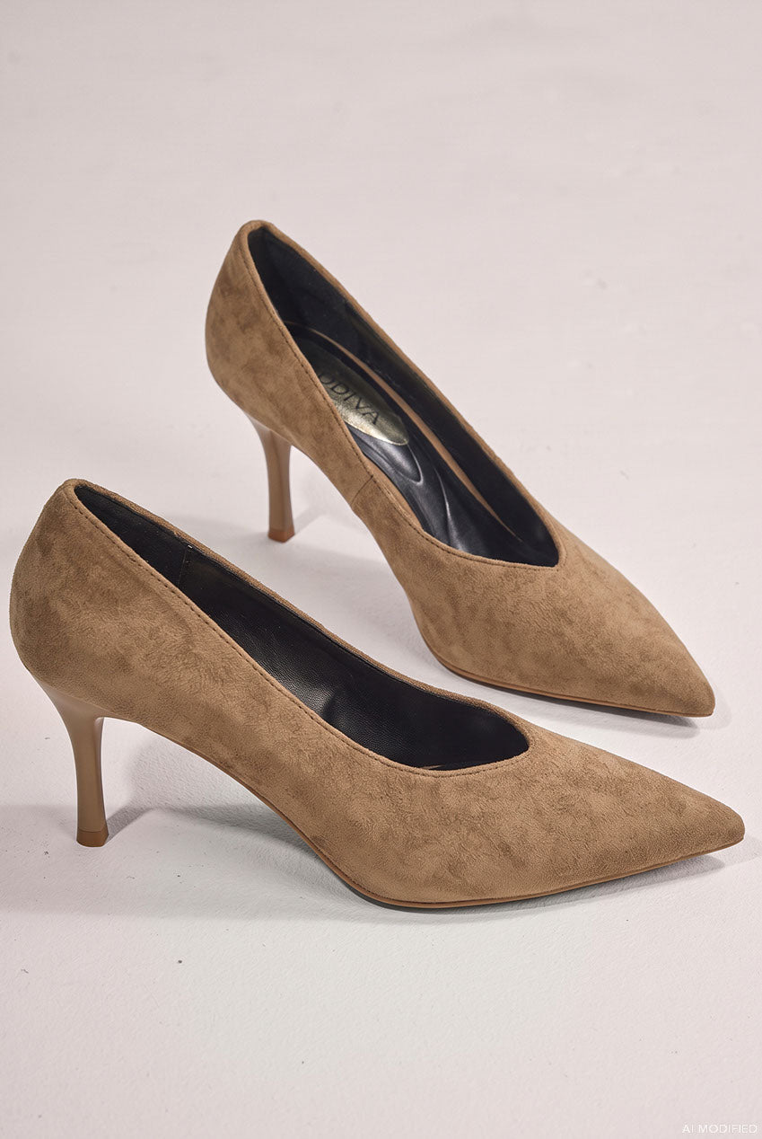 Goddiva Classic Low Cut Stiletto Style Suede Court Heels - Khaki