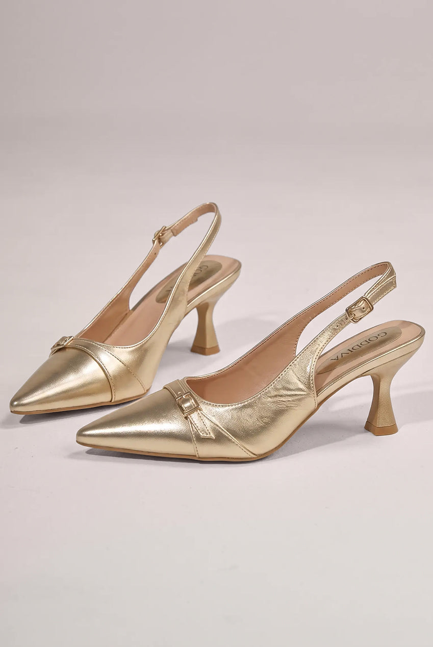 Goddiva Metallic Gold Pointed Toe Stiletto Kitten Heels - Gold