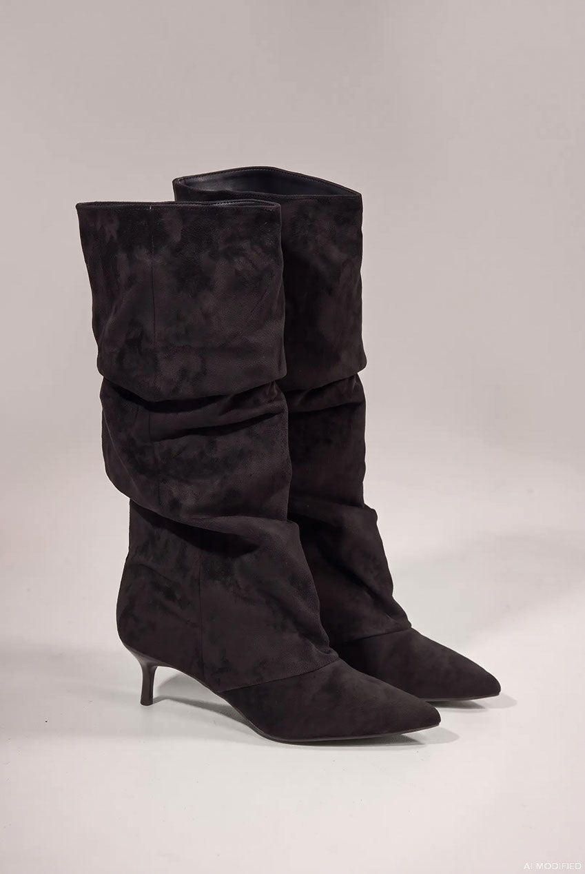 Goddiva Pointed-Toe Knee High Slouchy Kitten Heel Boots - Black