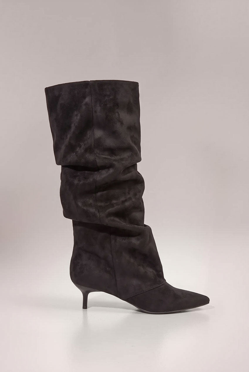 Goddiva Pointed-Toe Knee High Slouchy Kitten Heel Boots - Black