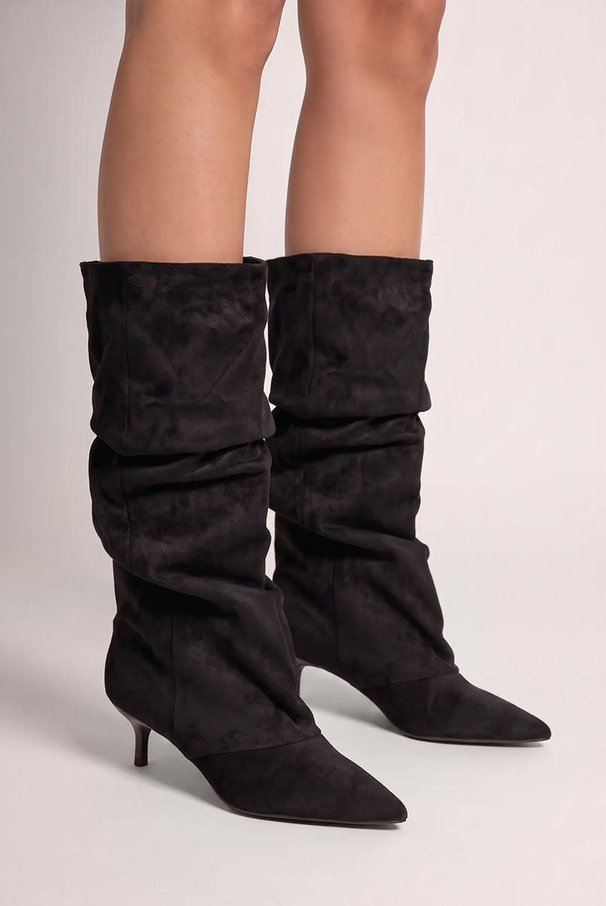 Goddiva Pointed-Toe Knee High Slouchy Kitten Heel Boots - Black