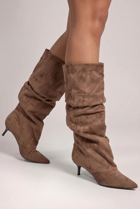 Goddiva Pointed-Toe Knee High Slouchy Kitten Heel Boots - Khaki
