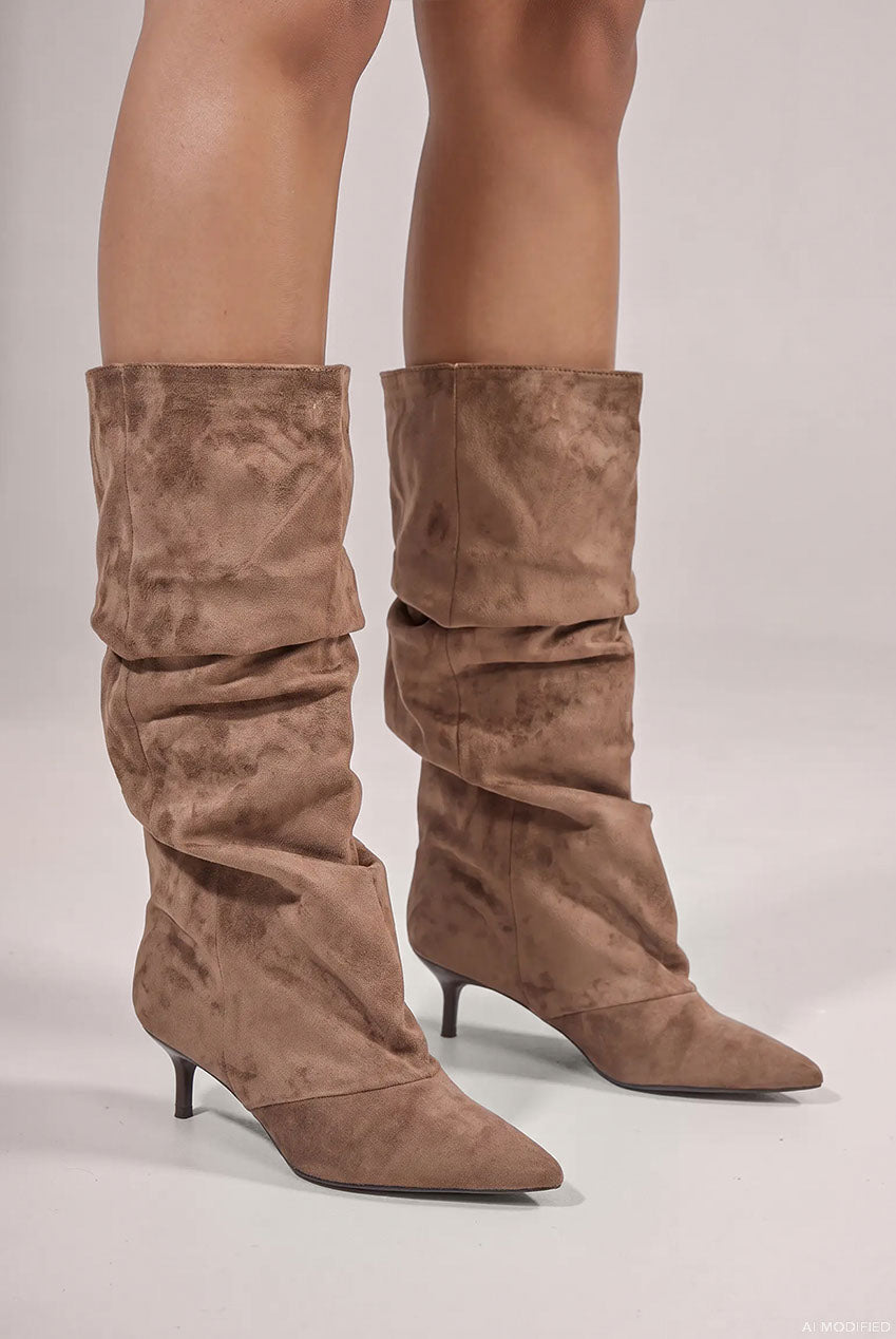 Goddiva Pointed-Toe Knee High Slouchy Kitten Heel Boots - Khaki