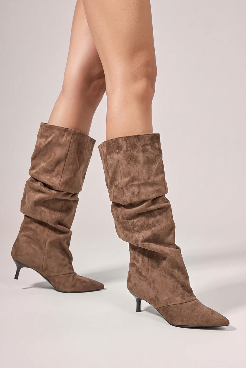 Goddiva Pointed-Toe Knee High Slouchy Kitten Heel Boots - Khaki