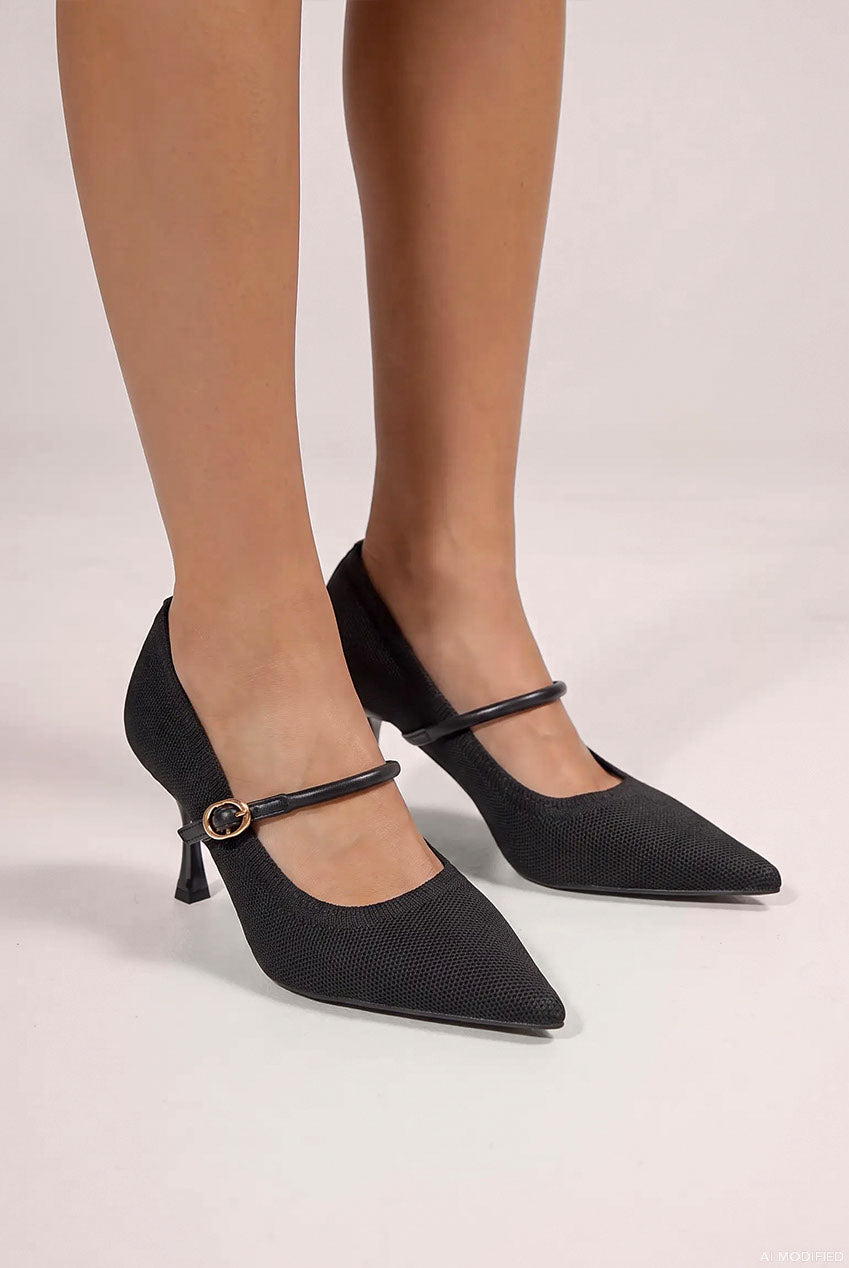 Goddiva Pointed Toe Mary Jane High Court Heels - Black