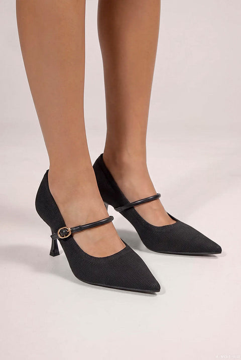 Goddiva Pointed Toe Mary Jane High Court Heels - Black