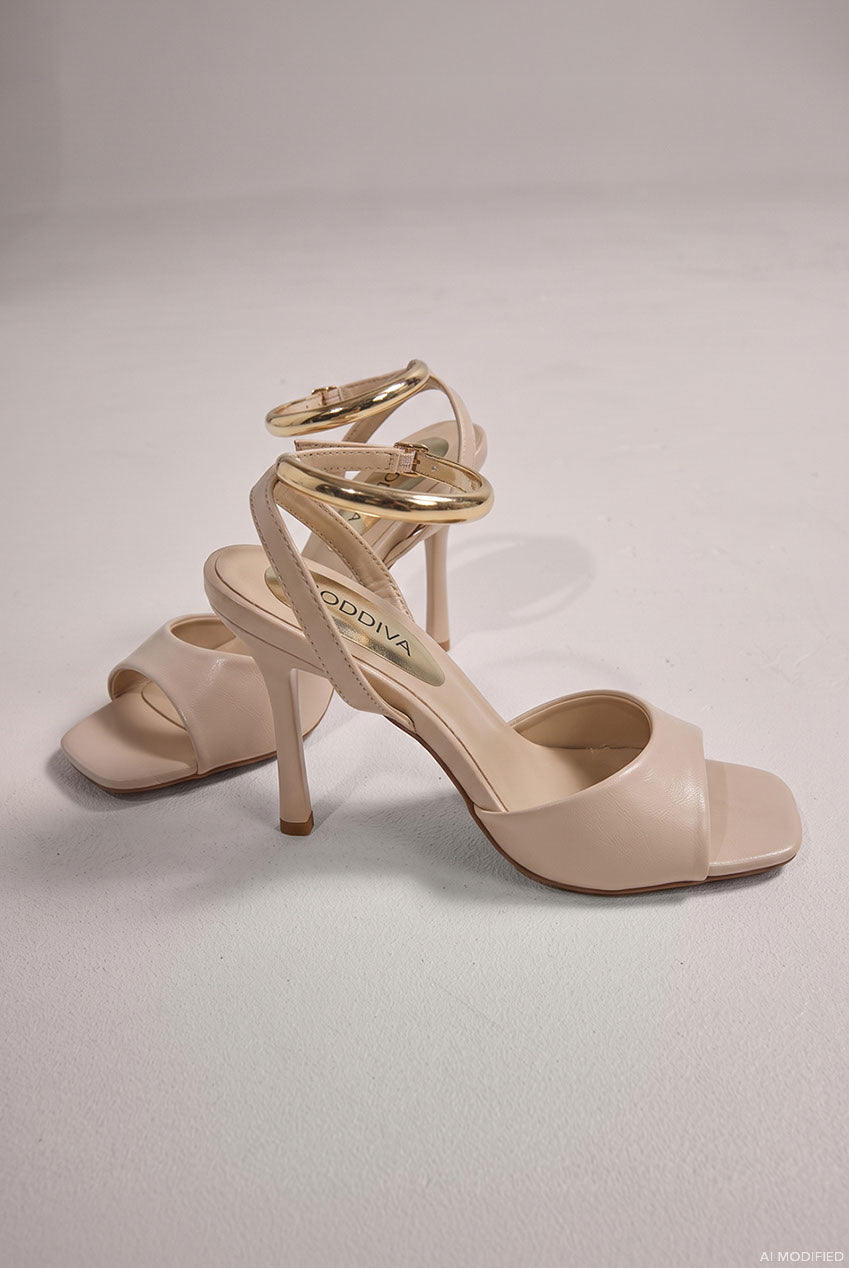 Goddiva Square Toe High Heel Sandals With Gold Ankle Strap - Cream