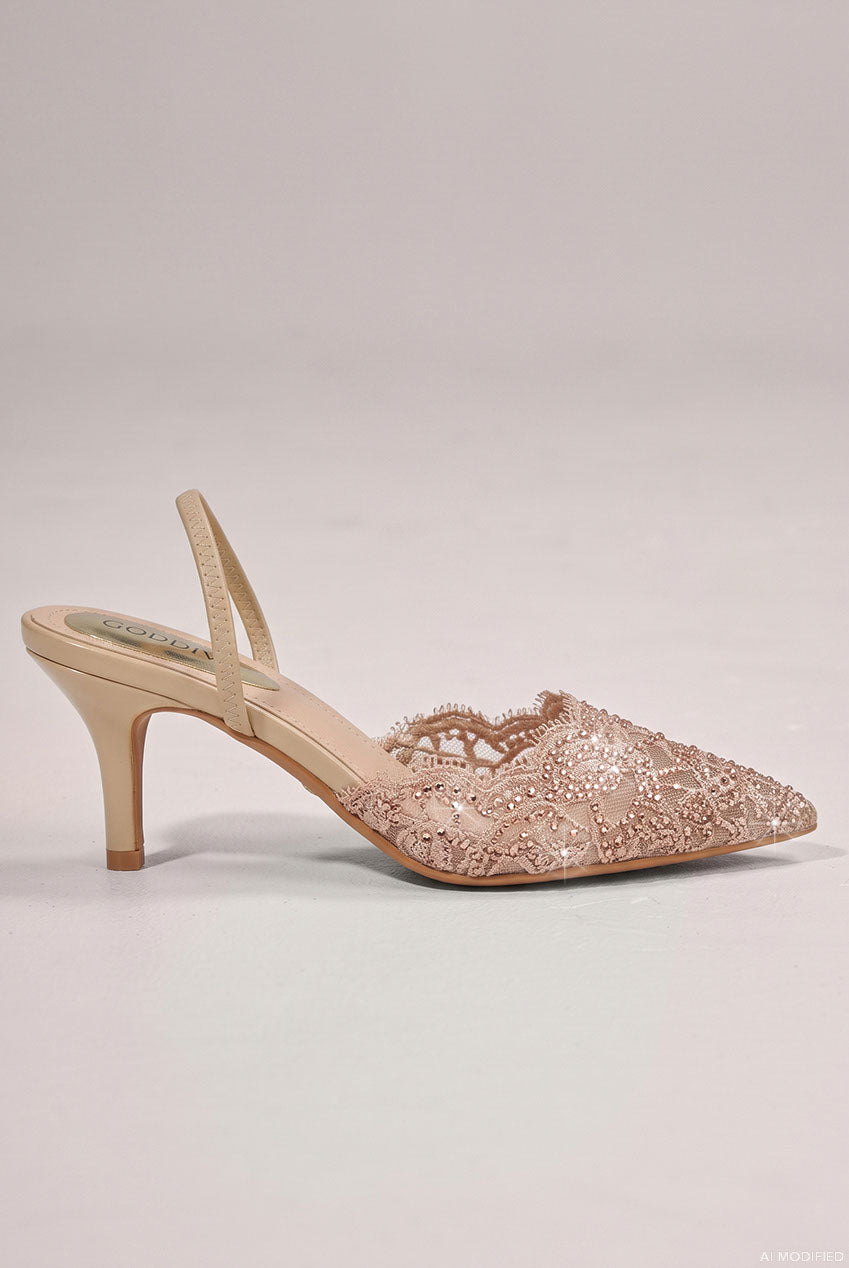 Goddiva Embellished Scalloped Edged Lace Slingback Heels - Champagne