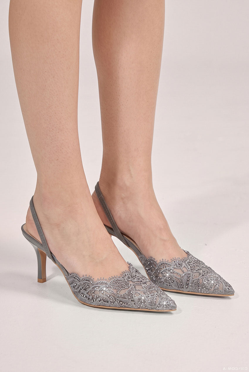 Goddiva Embellished Scalloped Edged Lace Slingback Heels - Gunmetal