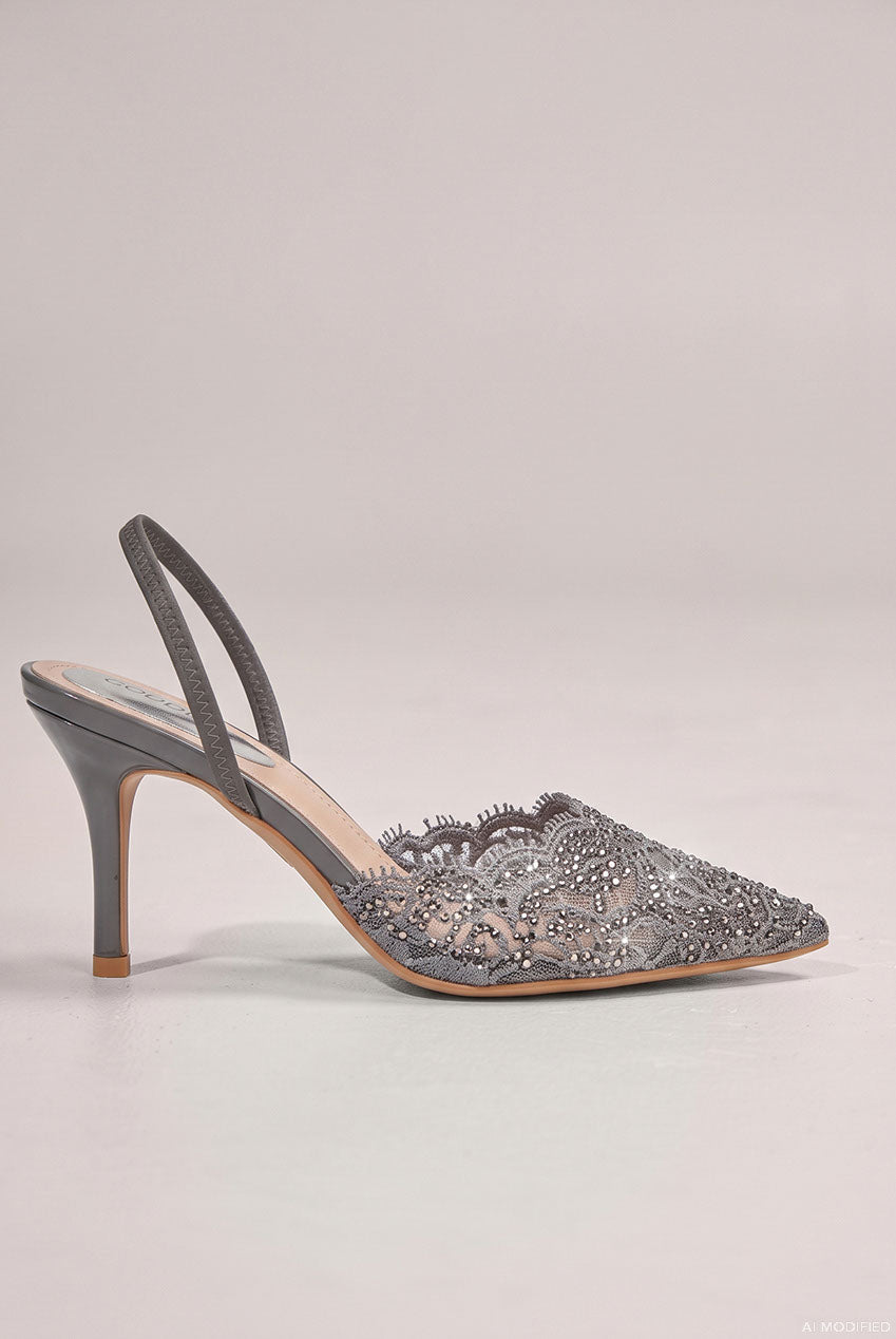 Goddiva Embellished Scalloped Edged Lace Slingback Heels - Gunmetal