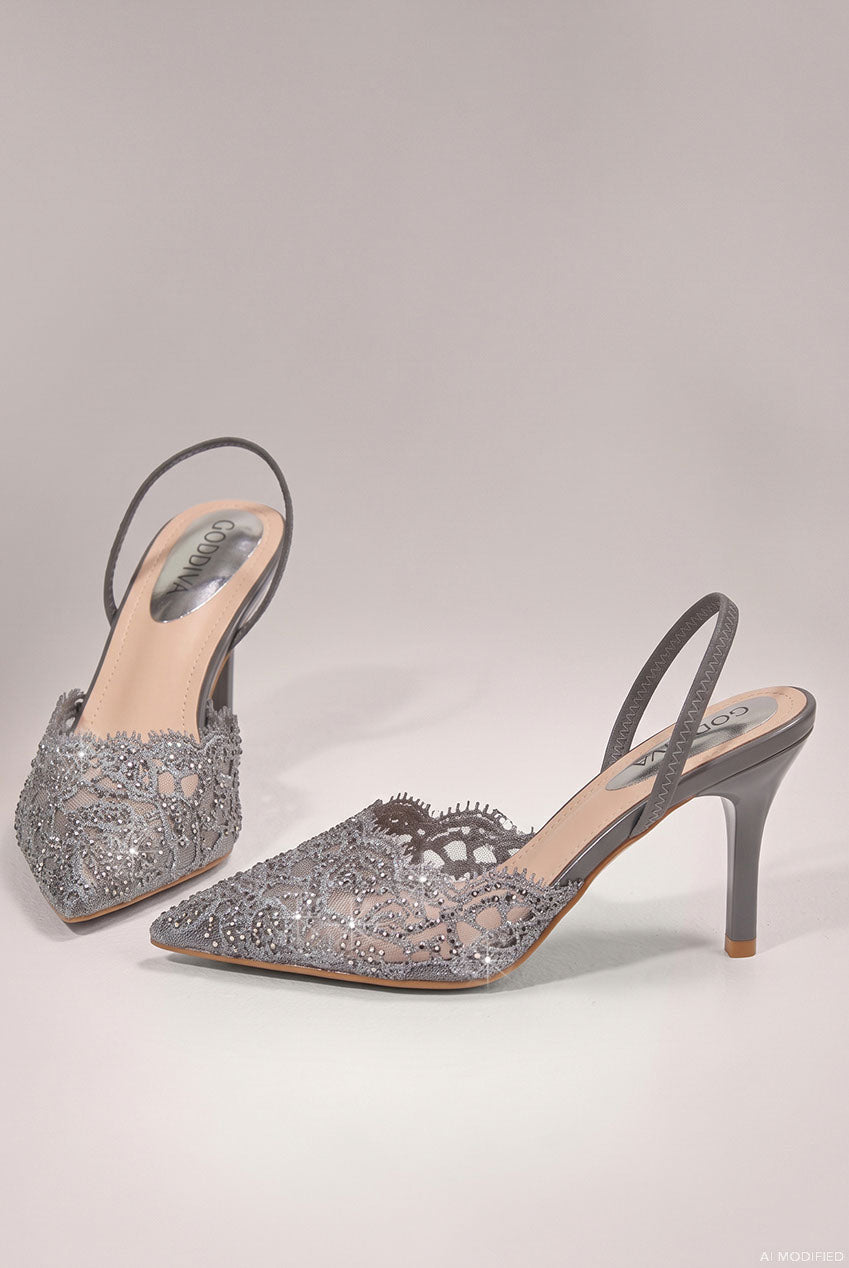Goddiva Embellished Scalloped Edged Lace Slingback Heels - Gunmetal